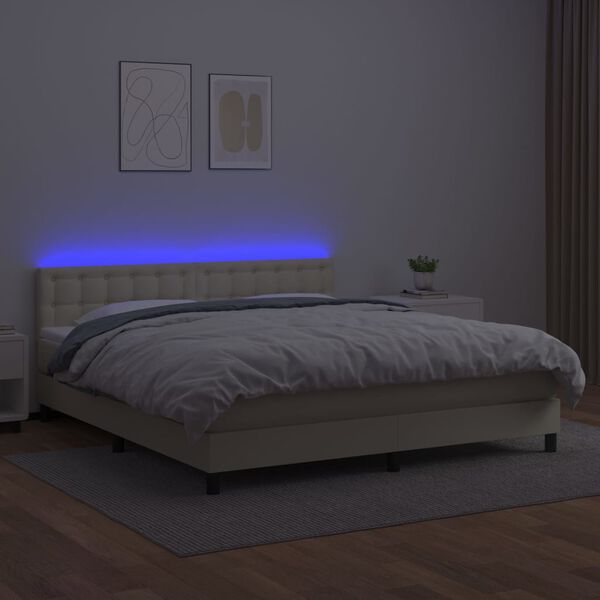 vidaXL Boxspring met matras en LED kunstleer cr&egrave;mekleurig 180x200 cm