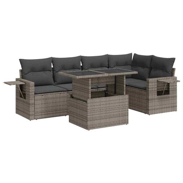 vidaXL 6-delige Loungeset met kussens poly rattan grijs