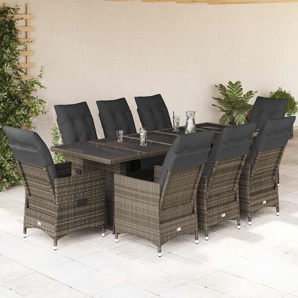 vidaXL 9-delige Bistroset met kussens poly rattan grijs