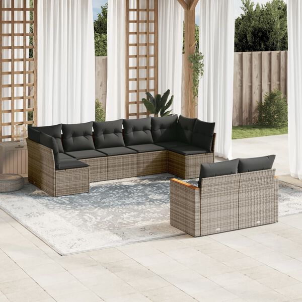 vidaXL 9-delige Loungeset met kussens poly rattan grijs
