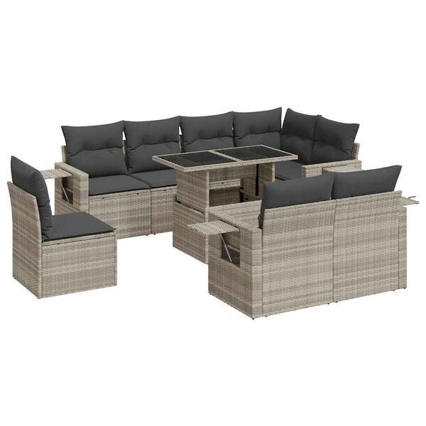 vidaXL 9-delige Loungeset met kussens poly rattan lichtgrijs