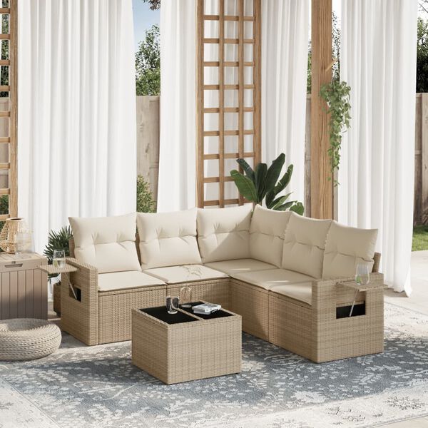 vidaXL 6-delige Loungeset met kussens poly rattan beige