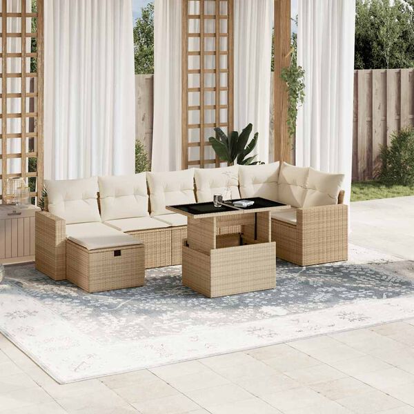 vidaXL 8-delige Loungeset met kussens poly rattan beige
