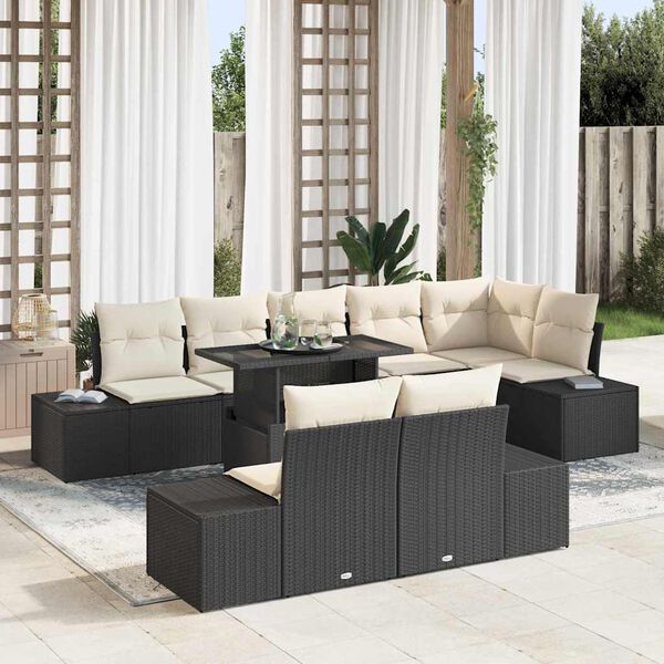 vidaXL Tuin Sofa Set met kussen met opslag 9 pcs Zwart en cr&egrave;me