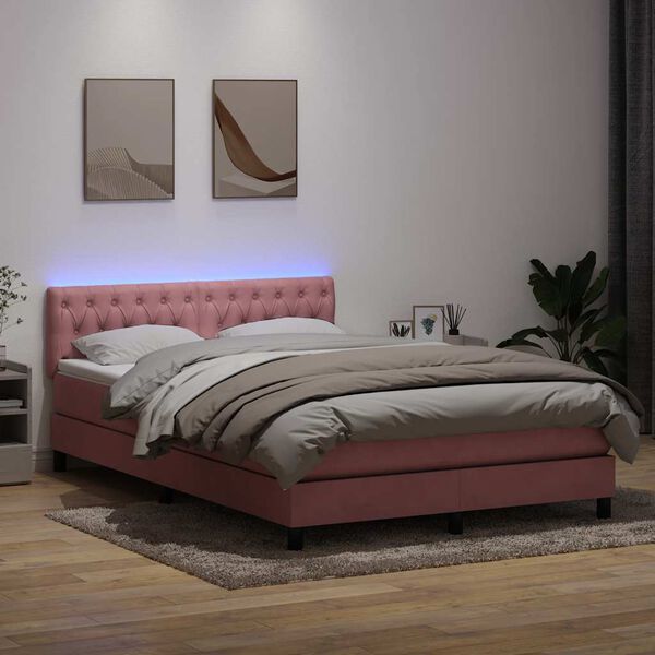 vidaXL Boxspring met matras en LED fluweel roze 140x210 cm