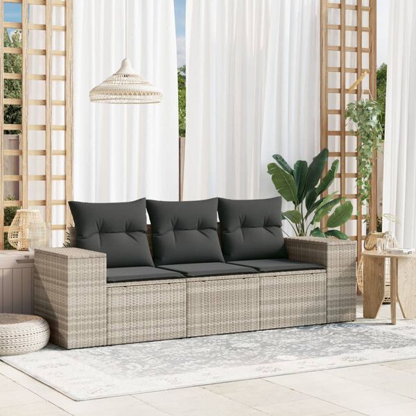 vidaXL 3-delige Loungeset met kussens poly rattan lichtgrijs