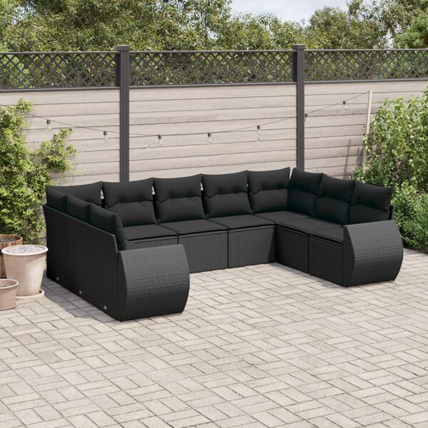 vidaXL 9-delige Loungeset met kussens poly rattan zwart