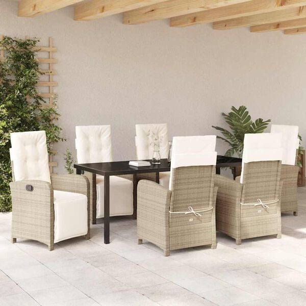 vidaXL Tuin eettafelset met kussen 7 pcs Beige poly rattan