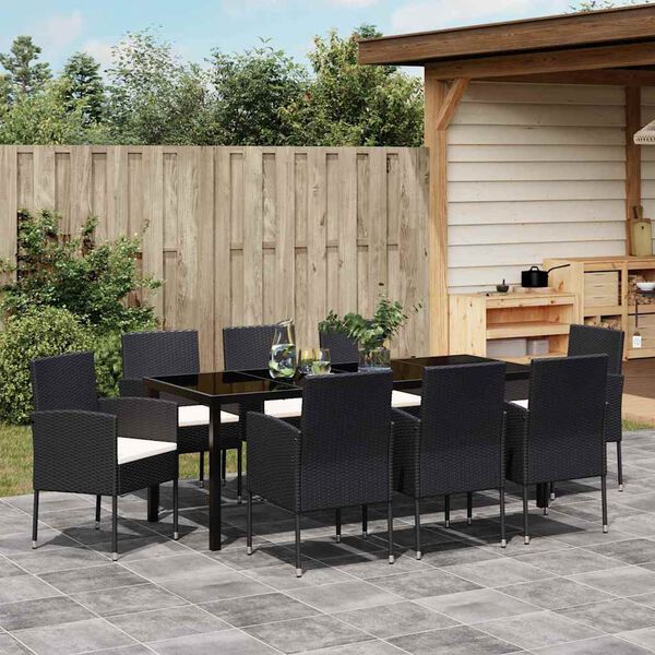 vidaXL Tuin eettafelset met kussen 9 pcs Zwart poly rattan