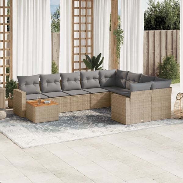 vidaXL 10-delige Loungeset met kussens poly rattan gemengd beige