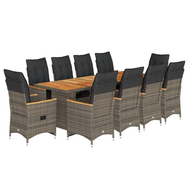 vidaXL 11-delige Bistroset met kussens poly rattan grijs