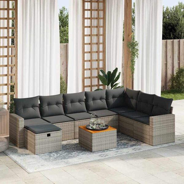 vidaXL 9-delige Loungeset met kussens poly rattan grijs