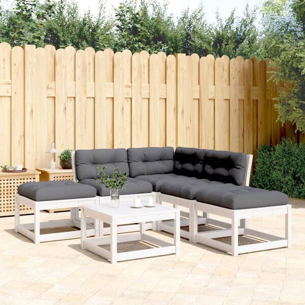 vidaXL 5-delige Loungeset met kussens massief grenenhout wit