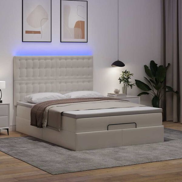 vidaXL Ottoman bed met matras en LED's 140x200cm kunstleer wit
