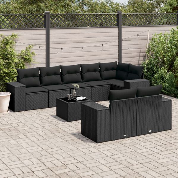 vidaXL 9-delige Loungeset met kussens poly rattan zwart