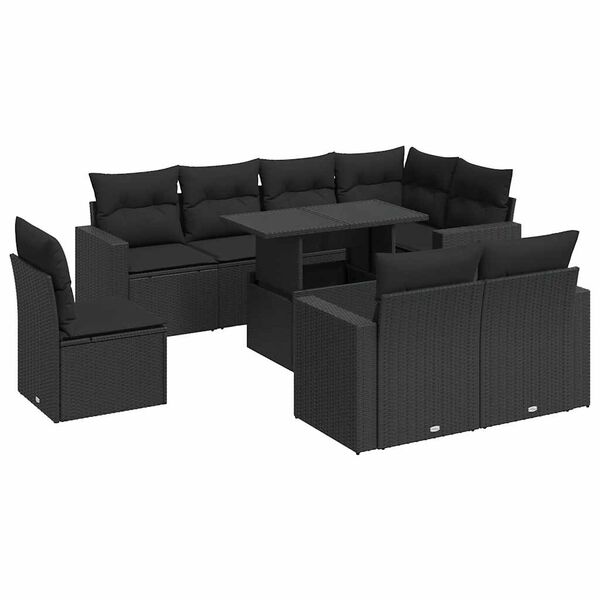 vidaXL 9-delige Loungeset met kussens poly rattan zwart