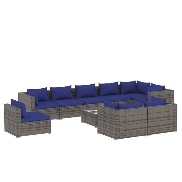 vidaXL 10-delige Loungeset met kussens poly rattan grijs