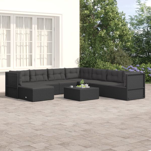 vidaXL 8-delige Loungeset met kussens poly rattan zwart