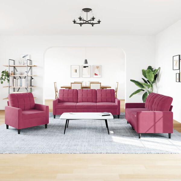vidaXL 3-delige Loungeset met kussens fluweel wijnrood