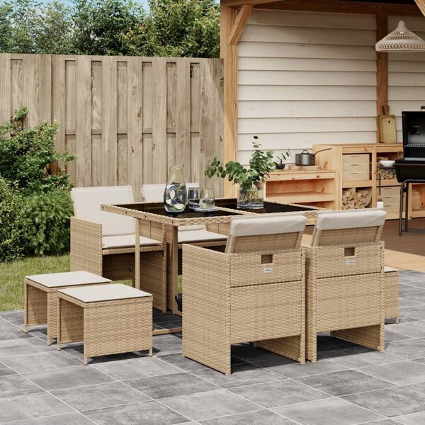 vidaXL 9-delige Tuinset met kussens poly rattan beige