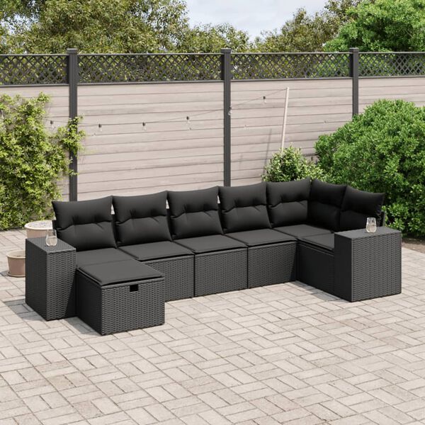 vidaXL 7-delige Loungeset met kussens poly rattan zwart