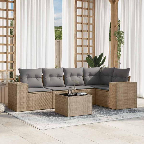 vidaXL 6-delige Loungeset met kussens poly rattan beige