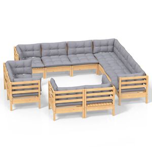 vidaXL 11-delige Loungeset met grijze kussens massief grenenhout