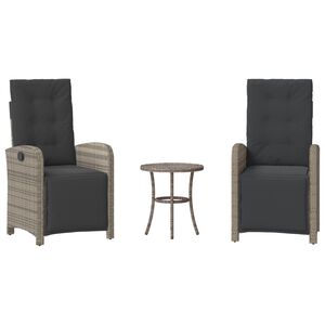 vidaXL 3-delige Bistroset met kussens poly rattan grijs