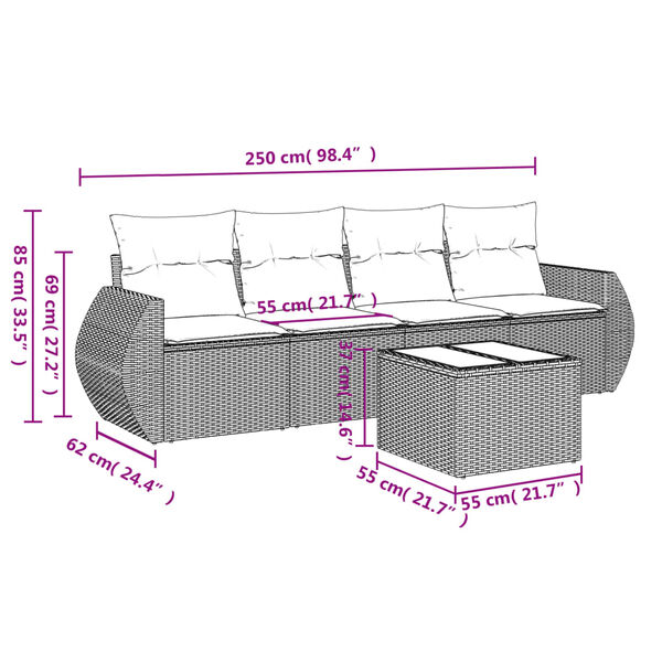 vidaXL 5-delige Loungeset met kussens poly rattan zwart