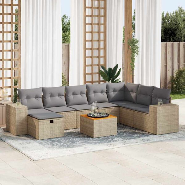 vidaXL 9-delige Loungeset met kussens poly rattan beige