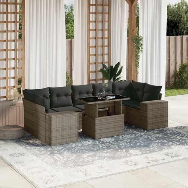 vidaXL 8-delige Loungeset met kussens poly rattan grijs