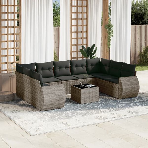 vidaXL 10-delige Loungeset met kussens poly rattan grijs