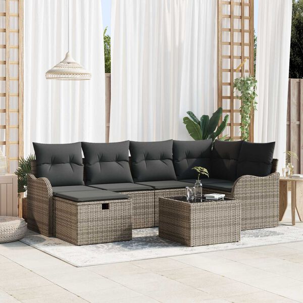 vidaXL Tuin Sofa Set met kussen met opslag 7 pcs Grijs Poly riet