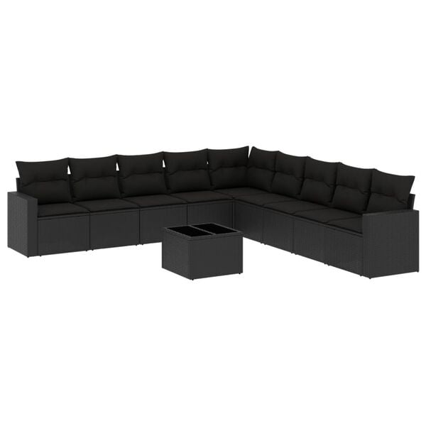 vidaXL 10-delige Loungeset met kussens poly rattan zwart