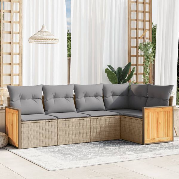 vidaXL 5-delige Loungeset met kussens poly rattan beige