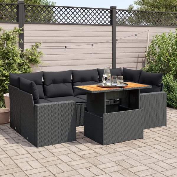 vidaXL 7-delige Loungeset met kussens poly rattan zwart