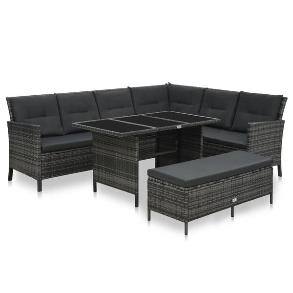vidaXL 3-delige Loungeset met kussens poly rattan grijs