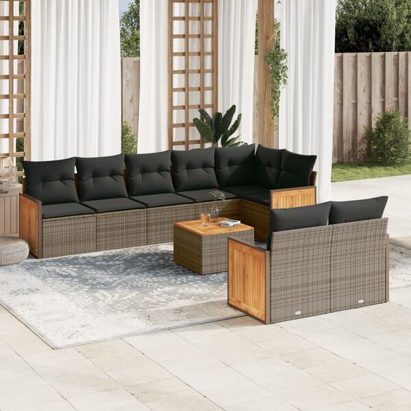 vidaXL 9-delige Loungeset met kussens poly rattan grijs