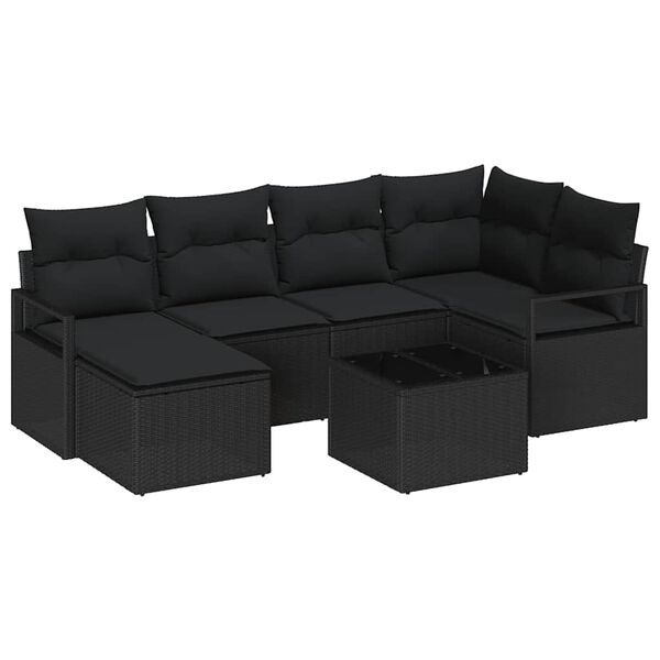 vidaXL Bankstel met kussen 7 pcs Zwart poly rattan