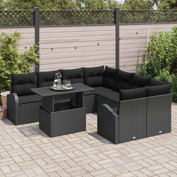 vidaXL Tuin Sofa Set met opslag 9 pcs Zwart poly rattan