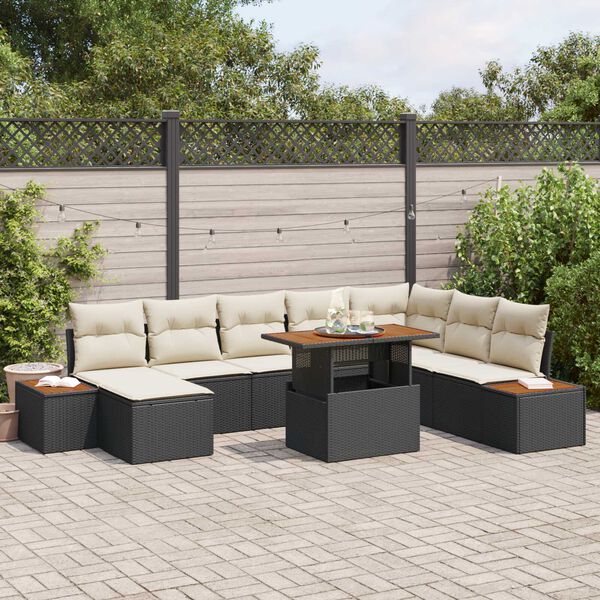 vidaXL Tuin Eetset met kussen 9 pcs Zwart en Beige