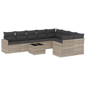 vidaXL 10-delige Loungeset met kussens poly rattan lichtgrijs