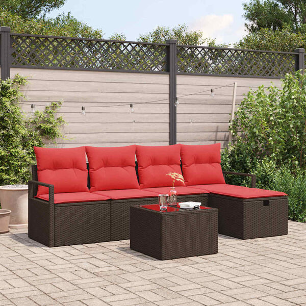 vidaXL Bankstel met kussen met opslag 6 pcs Bruin en Rood poly rattan