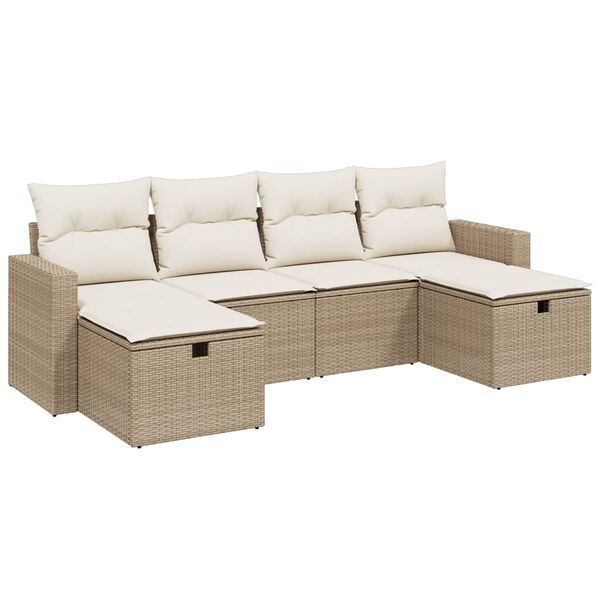 vidaXL 6-delige Loungeset met kussens poly rattan beige
