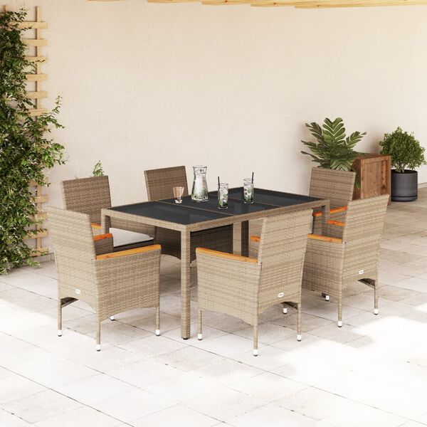 vidaXL 7-delige Tuinset met kussens poly rattan en glas beige