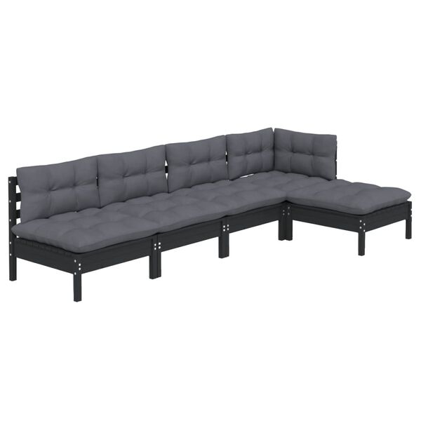 vidaXL 5-delige Loungeset met kussens grenenhout zwart