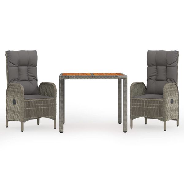vidaXL 3-delige Tuinset met kussens poly rattan grijs