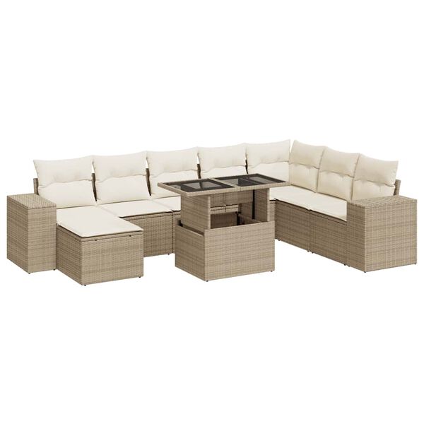 vidaXL 9-delige Loungeset met kussens poly rattan beige