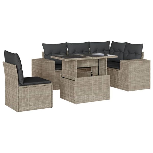 vidaXL 6-delige Loungeset met kussens poly rattan lichtgrijs