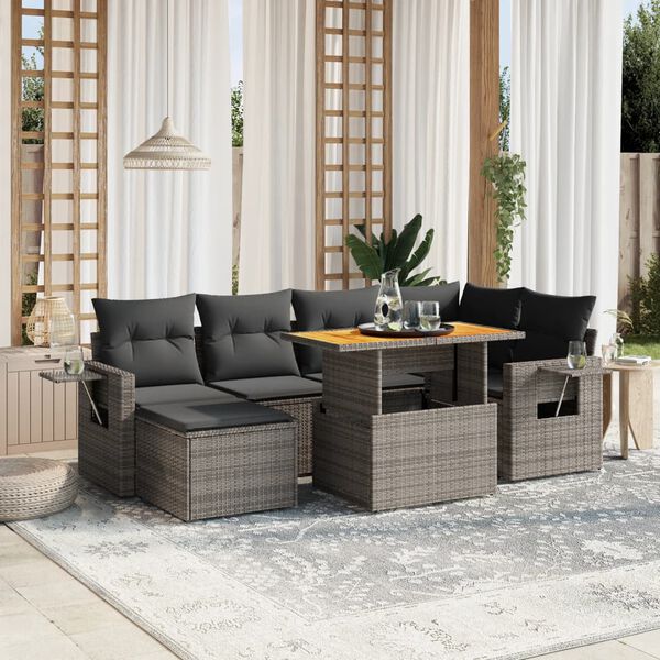 vidaXL 7-delige Loungeset met kussens poly rattan grijs